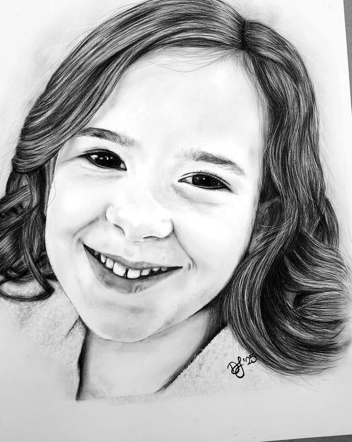 Graphite portrait of a smiling girl with curled hair